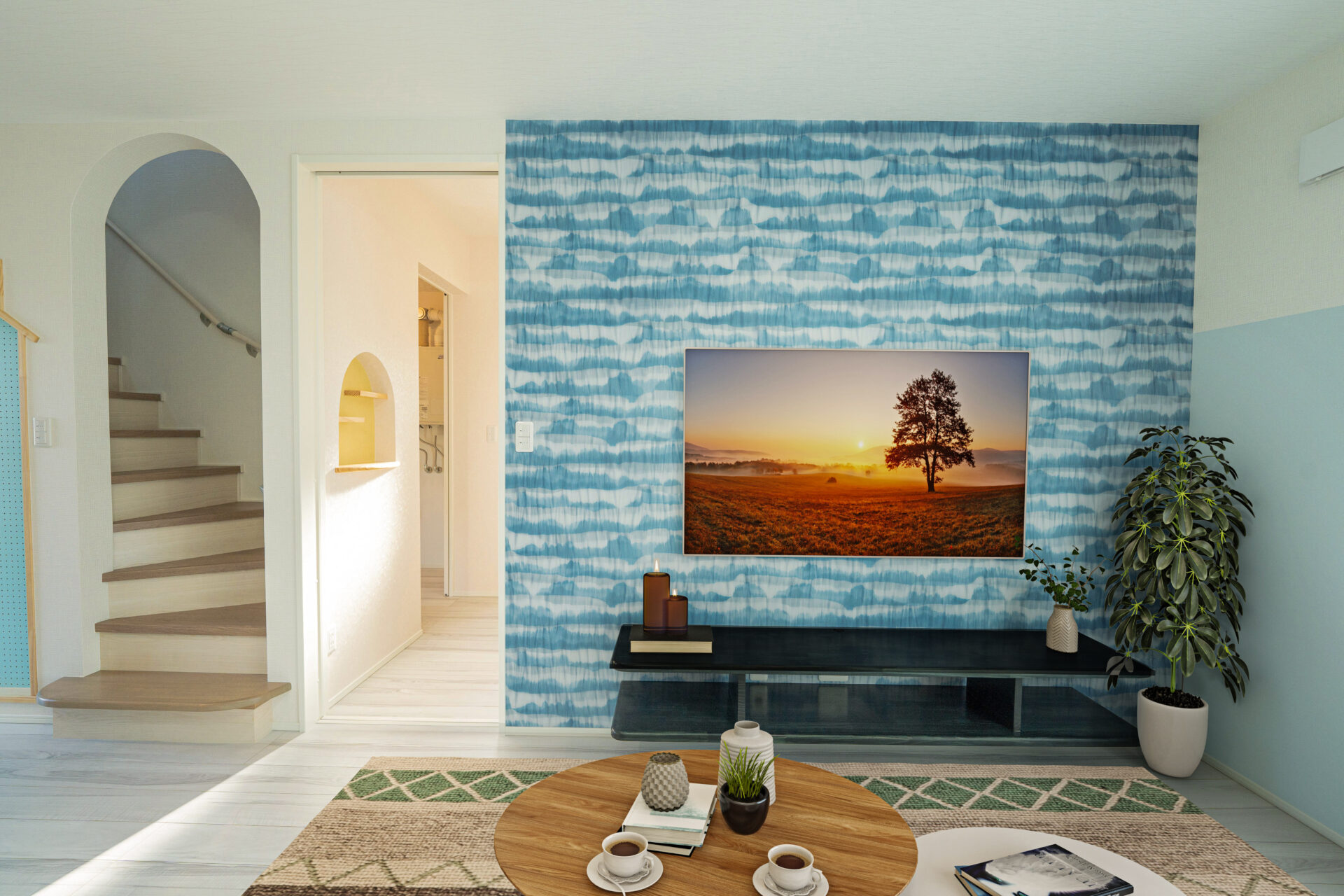 爽やかな水色に包まれるリビング