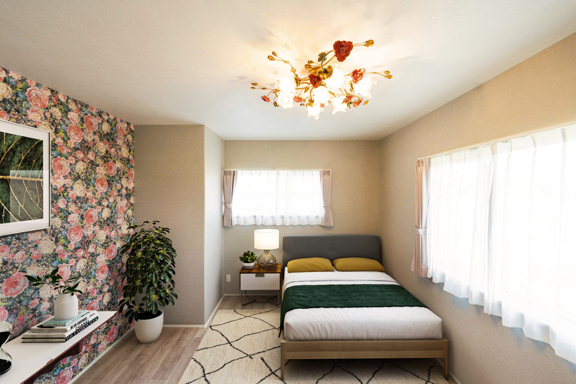 バラの優雅さが広がる寝室