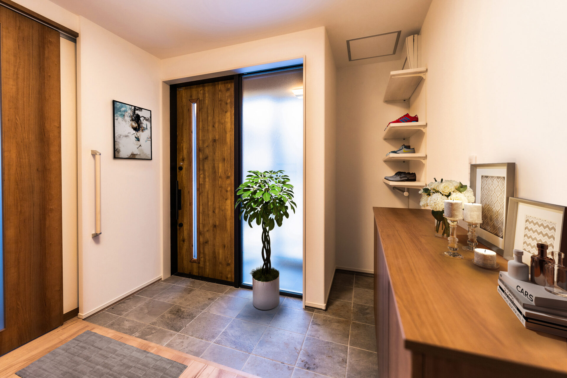 光と収納が調和した重厚な玄関