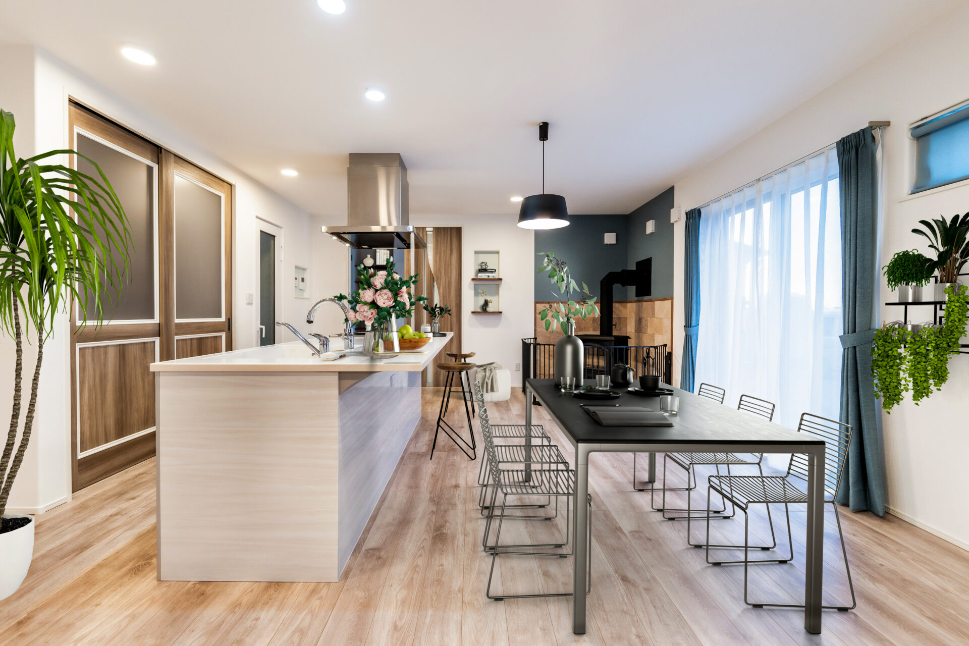 薪ストーブの温もりが映えるLDK