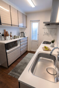 ナチュラルカラーで機能的な扉付きのキッチン