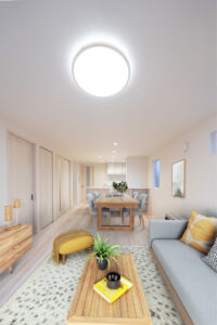 木の温もりと白の清潔感が際立つLDK