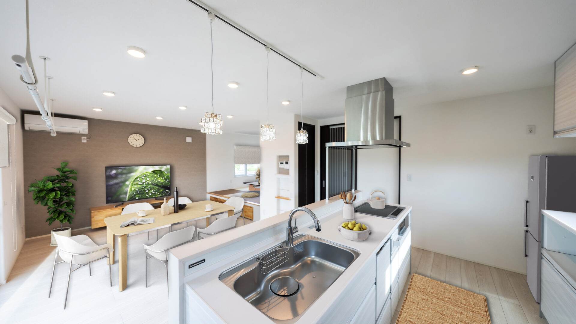 お洒落なアクセントクロスのキッチンダイニング