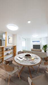 明るいトーンでまとめたリビング空間