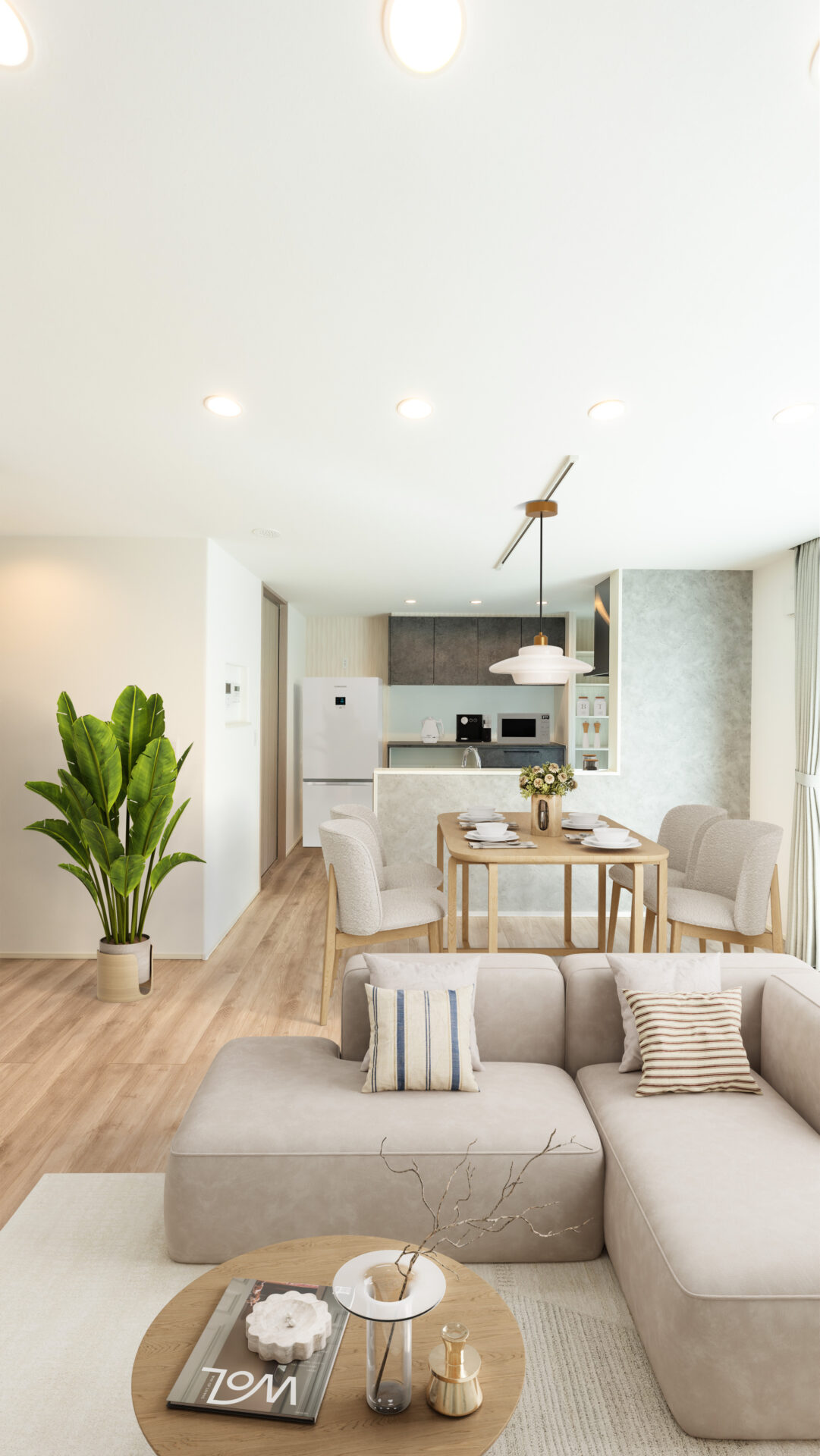 ナチュラルカラーで統一した柔らかな雰囲気のダイニングキッチン