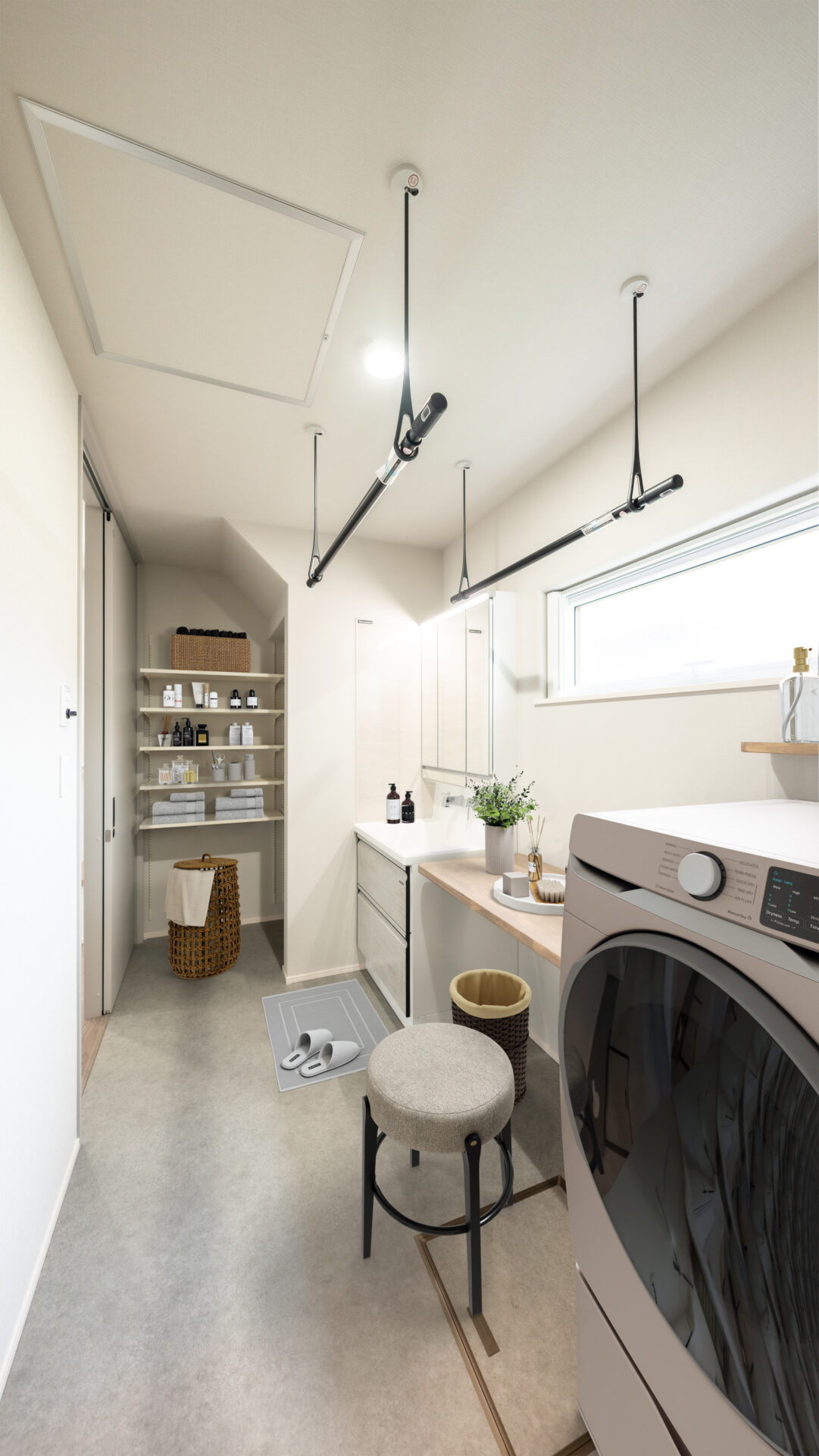 明るく整った動線が魅力の機能的なランドリールーム
